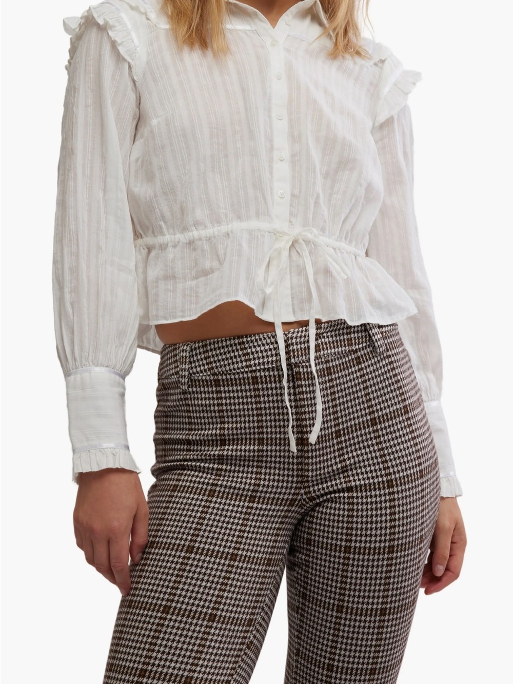 Free People White Ruffled Tie-Waist Button Blouse NWOT